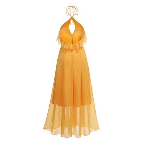 Vestido Largo con Cuello Halter y Volantes para Mujer Elegante Vestido de Noche de Gasa Amarillo Color Sólido Verano Fiesta