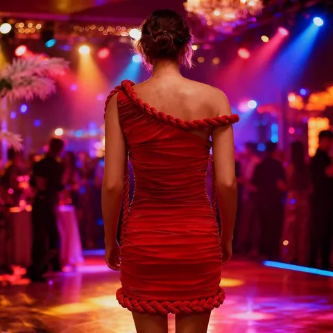 Sexy Women One-Shoulder Ruched Mini Bodycon Dress With 3D Braided Rope Decoration Polyester Cotton Solid Red Party Clubwear Top And Bottom Outfit