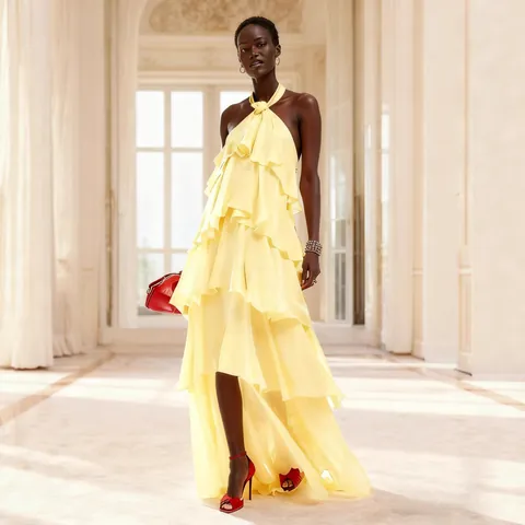 Women Sexy Halter Backless Maxi Dress Fashion Tiered Ruffle Irregular Hem Yellow Sleeveless Party Evening Banquet Dress
