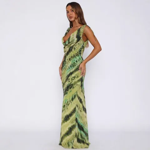 Women Sexy Deep V Neck Backless Printed Maxi Dress Sleeveless Summer Beach Vacation Bohemian Slim Fit Slip Dress Long Bodycon Dress