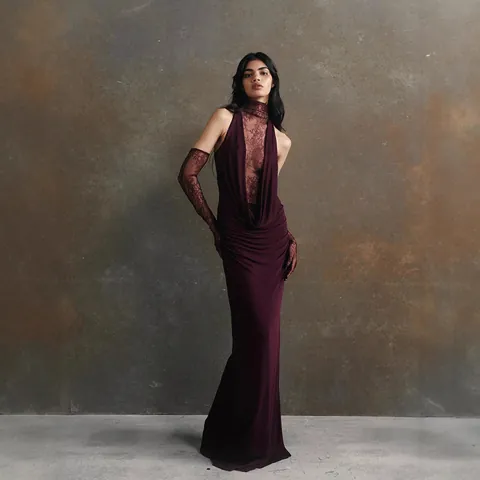 Women Sexy Halter Lace Patchwork Dress Deep V Ruched Bodycon Evening Gown With Matching Gloves Solid Color Elegant Party Dress