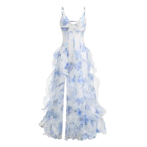 French Style Floral Print Spaghetti Strap Midi Dress Women Sexy Low Cut Ruffle Hem High Slit Summer Beach Sun Dress