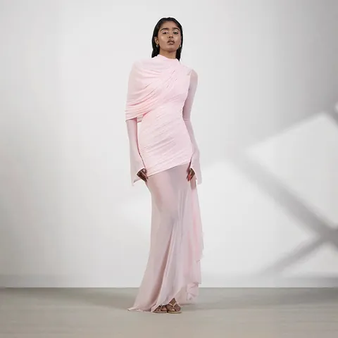 Elegant Pink Irregular Maxi Dress High Neck Ruched Mesh Patchwork French High Texture Banquet Evening Dress For Women