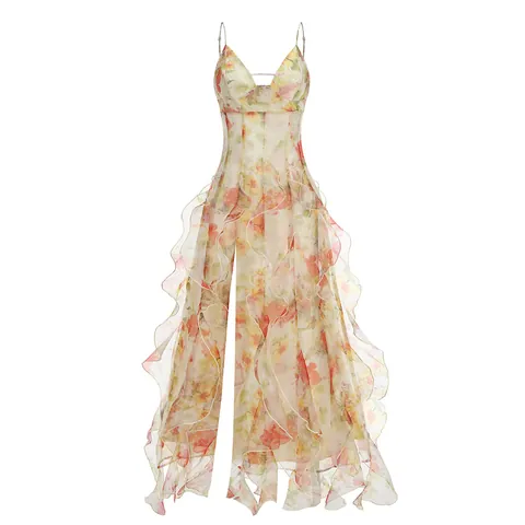 French Style Floral Print Spaghetti Strap Midi Dress Women Sexy Low Cut Ruffle Hem High Slit Summer Beach Sun Dress