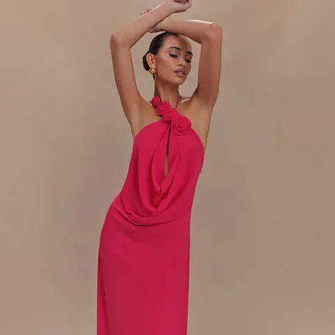 Women Halter Backless Maxi Dress With 3D Floral Decoration Elegant Sexy Evening Party Banquet High End Polyester Gown