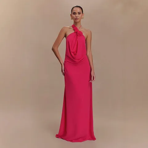 Women Halter Backless Maxi Dress With 3D Floral Decoration Elegant Sexy Evening Party Banquet High End Polyester Gown