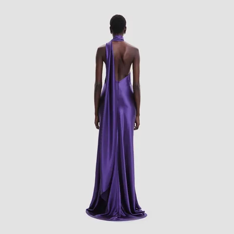 Women Halter Neck Satin Maxi Dress 3D Flower Elegant Backless High Waist Evening Gown Party Wedding Guest Dress