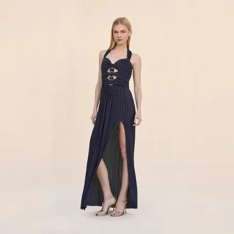 Women Deep Blue Halter Pleated Sleeveless Maxi Dress High Slit Elegant Sexy Evening Gown For Banquet Special Occasions