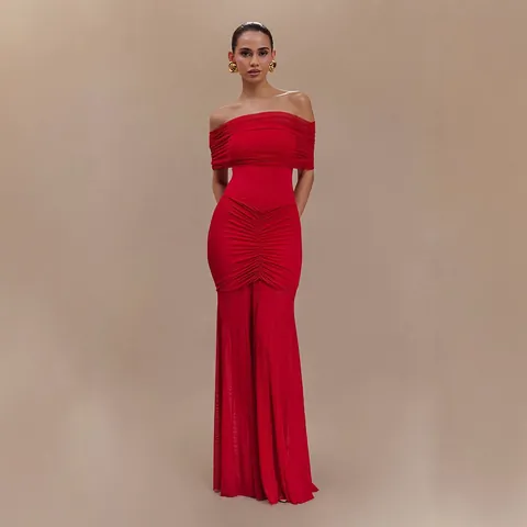 Elegant Strapless Mesh Ruched Maxi Dress French Style Slim Sleeveless Evening Party Gown High Waist Top And Bottom