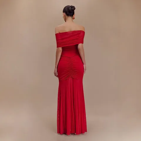 Elegant Strapless Mesh Ruched Maxi Dress French Style Slim Sleeveless Evening Party Gown High Waist Top And Bottom