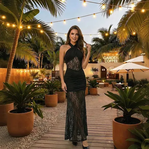 Women Halter Neck Ruched Black Maxi Dress Sexy Hollow Out Lace Flower Pattern High Waist Sleeveless Bodycon Party Dress