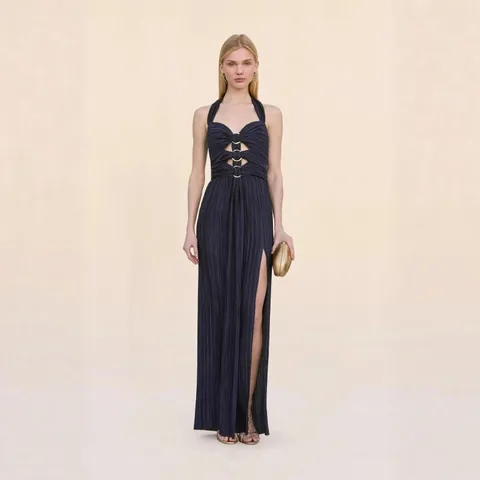 Women Deep Blue Halter Pleated Sleeveless Maxi Dress High Slit Elegant Sexy Evening Gown For Banquet Special Occasions