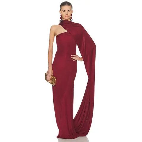 Women Elegant Wine Red Backless Maxi Dress Sexy Crisscross Bandage Bodycon Evening Gown With Long Cape Shawl Design Celebrity Party Dress