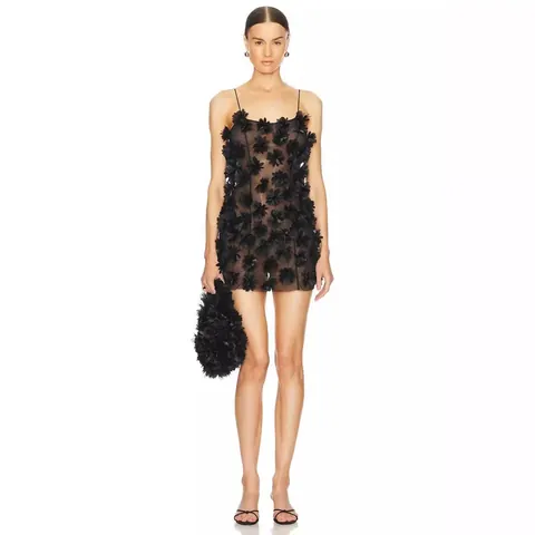 Minivestido de Tirantes Con Apliques de Flores 3D para Mujer Sexy Con Espalda Descubierta de Malla y Borlas para Playa