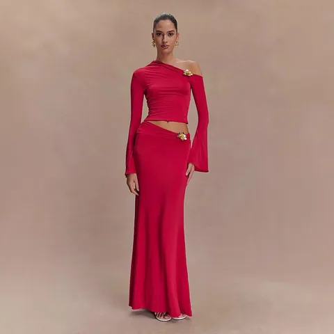 Elegant Women One Shoulder Long Sleeve Top And Bodycon Maxi Skirt Set With 3D Gold Floral Decoration High Waist Slim Fit Clubwear