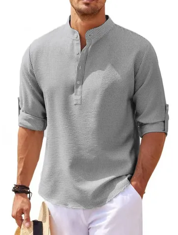 Men Casual Stand Collar Long Sleeve Henley Shirt Waffle Texture Half Button Polyester Top For Vacation Spring Autumn