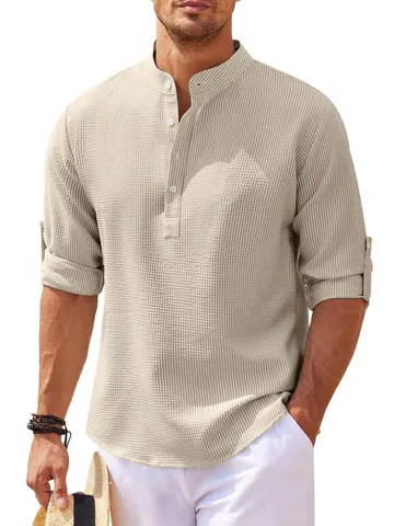 Men Casual Stand Collar Long Sleeve Henley Shirt Waffle Texture Half Button Polyester Top For Vacation Spring Autumn
