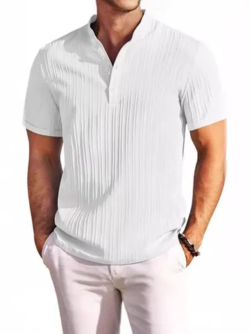 Camisa Henley para Hombre Manga Corta Textura de Rayas Verticales Poliéster Casual Deportivo Top Transpirable Patchwork Verano
