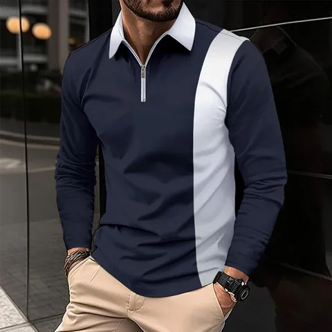 Men Long Sleeve Polo Shirt Contrast Color Block Splicing Top Quarter Zip Lapel Collar Slim Fit Breathable Polyester Top