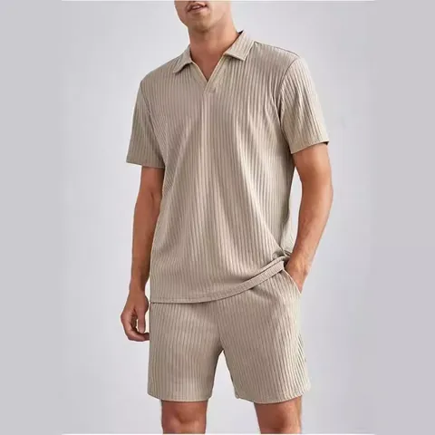 Completo Top E Bottom Polo Casual A Costine E Pantaloncini Da Uomo Moda Estiva A Maniche Corte Tuta In Maglia A Costine