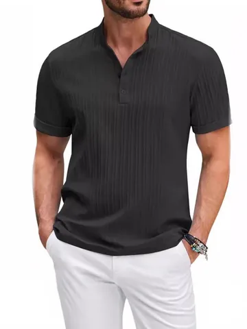 Camisa Henley para Hombre Manga Corta Textura de Rayas Verticales Poliéster Casual Deportivo Top Transpirable Patchwork Verano