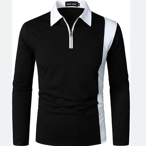 Men Long Sleeve Polo Shirt Contrast Color Block Splicing Top Quarter Zip Lapel Collar Slim Fit Breathable Polyester Top