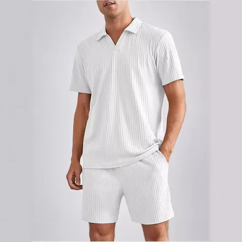 Completo Top E Bottom Polo Casual A Costine E Pantaloncini Da Uomo Moda Estiva A Maniche Corte Tuta In Maglia A Costine