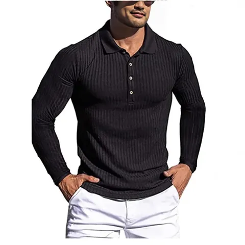 Men's Casual Long Sleeve Polo Shirt Cotton Blend Vertical Ribbed Striped Muscle Workout Top With Zipper Detail Turn Down Collar