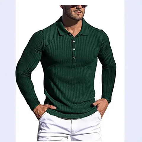 Men's Casual Long Sleeve Polo Shirt Cotton Blend Vertical Ribbed Striped Muscle Workout Top With Zipper Detail Turn Down Collar