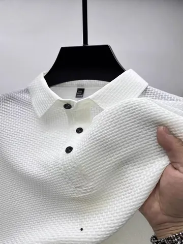 Polo da Uomo in Seta di Ghiaccio Trama a Nido d'Ape Traspirante Asciugatura Rapida Smart Casual Manica Corta Tinta Unita