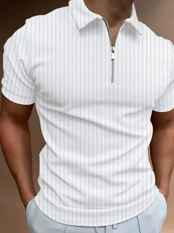 Men Slim Fit Zipper Polo Shirt Ribbed Texture Short Sleeve Casual Summer Top Breathable Iron-Free Polyester Spandex Polo