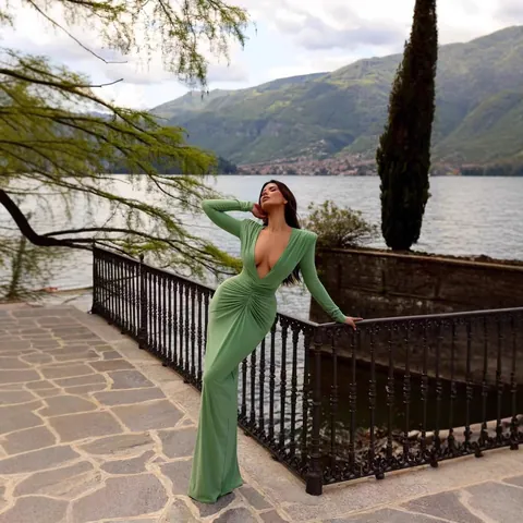 Women Sexy Deep V Neck Ruched Maxi Dress Long Sleeve Evening Party Gown Solid Color Slim Fit Elegant Floor Length Dress For Autumn