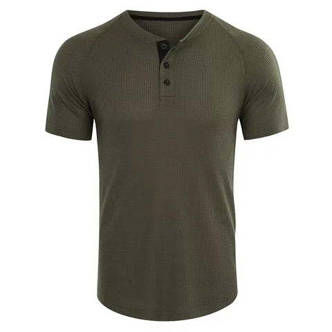 Men's Casual Waffle Knit Henley Shirt Short Sleeve Raglan Sleeve Solid Color Lightweight Breathable Patchwork Button Down Top