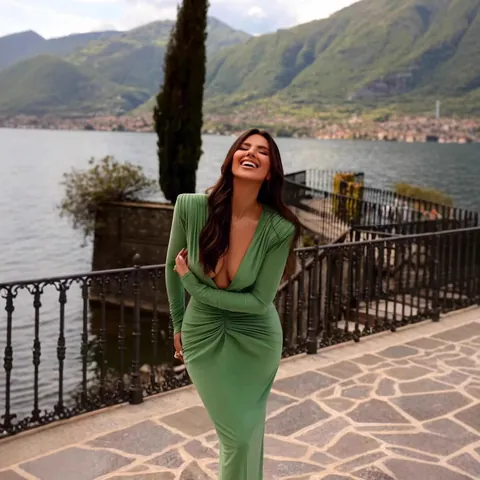 Women Sexy Deep V Neck Ruched Maxi Dress Long Sleeve Evening Party Gown Solid Color Slim Fit Elegant Floor Length Dress For Autumn