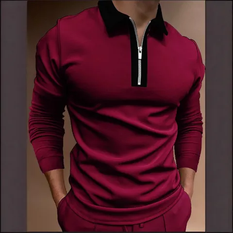 Polo de Manga Larga para Hombre Otoño Patchwork de Colores en Contraste Solapa con Cremallera Top Casual Slim Fit Mezcla de Algodón Poliéster