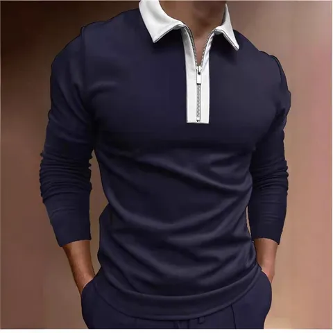 Polo de Manga Larga para Hombre Otoño Patchwork de Colores en Contraste Solapa con Cremallera Top Casual Slim Fit Mezcla de Algodón Poliéster