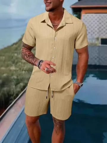 Conjunto Casual de Hombre de Poliéster con Rayas Verticales Texturizadas Camisa y Pantalones Cortos Top And Bottom Verano Playa