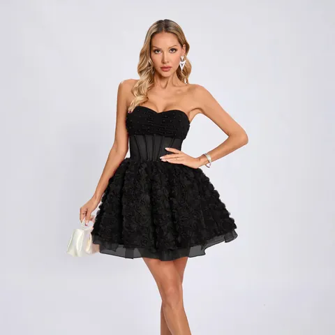 Women Sexy Tube Top Beaded Mesh Patchwork 3D Floral Puffy Mini Dress Elegant Banquet Party Dress Sleeveless Cocktail Gown