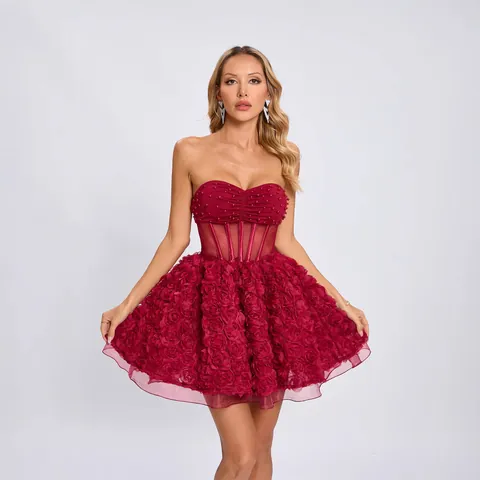 Women Sexy Tube Top Beaded Mesh Patchwork 3D Floral Puffy Mini Dress Elegant Banquet Party Dress Sleeveless Cocktail Gown