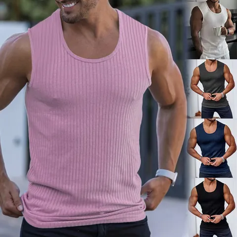 Men Athletic Tank Top Quick Dry Ribbed Slim Fit Polyester Sleeveless Gym Workout Sport Vest Bodybuilding Muscle Top