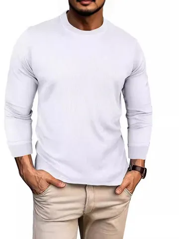 Men Waffle Knit Long Sleeve T-Shirt Casual Round Neck Sweatshirt Basic Solid Color Polyester Pullover Top For Autumn Winter