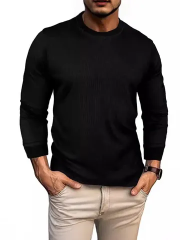 Men Waffle Knit Long Sleeve T-Shirt Casual Round Neck Sweatshirt Basic Solid Color Polyester Pullover Top For Autumn Winter