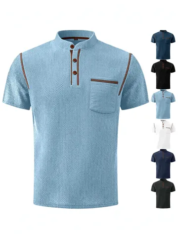 Polo Henley de Manga Corta para Hombre Verano Textura Gofre Transpirable Seda de Hielo Top Casual con Bolsillo en el Pecho y Ribetes en Contraste