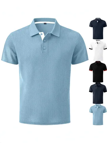 Polo de Manga Corta de Punto de Gofre para Hombre Transpirable Seda de Hielo Solapa Negocios Casual Top de Mezcla de Poliéster y Algodón