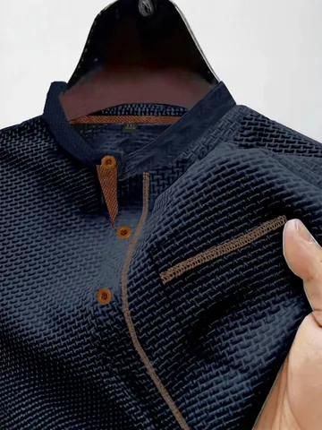 Polo Henley de Manga Corta para Hombre Verano Textura Gofre Transpirable Seda de Hielo Top Casual con Bolsillo en el Pecho y Ribetes en Contraste