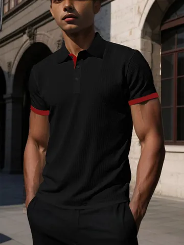 Polo de Manga Corta de Punto de Gofre para Hombre Transpirable Seda de Hielo Solapa Negocios Casual Top de Mezcla de Poliéster y Algodón