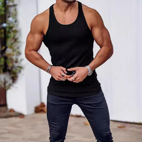 Men's Quick Dry Fitness Tank Top Sleeveless Athletic Gym Vest Rib-Knit Solid Color Slim Fit Breathable Sport Undershirt