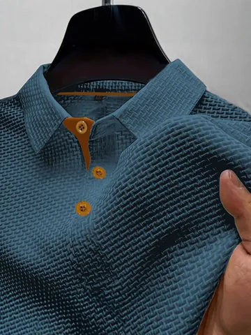 Polo Casual para Hombre Manga Corta Seda de Hielo Transpirable Rayado Cuello de Punto Top Ligero Moda de Verano