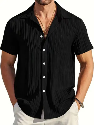 Camisa de Manga Corta Plisada Casual para Hombre Rayas Verticales Camisa de Playa de Poliéster para Hombre Top de Vacaciones