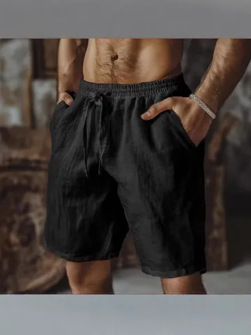 Pantalones Cortos Casuales de Algodón y Lino para Hombre Holgados Transpirables Color Sólido Cintura Elástica Cordón Playa Verano